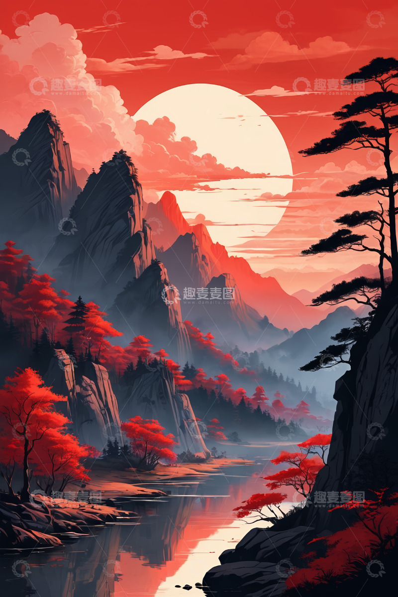 高清大图下载【趣麦麦图】夕阳下的山水风景