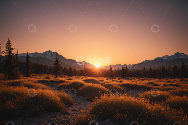 高清大图下载【趣麦麦图】山间草地日落自然风光