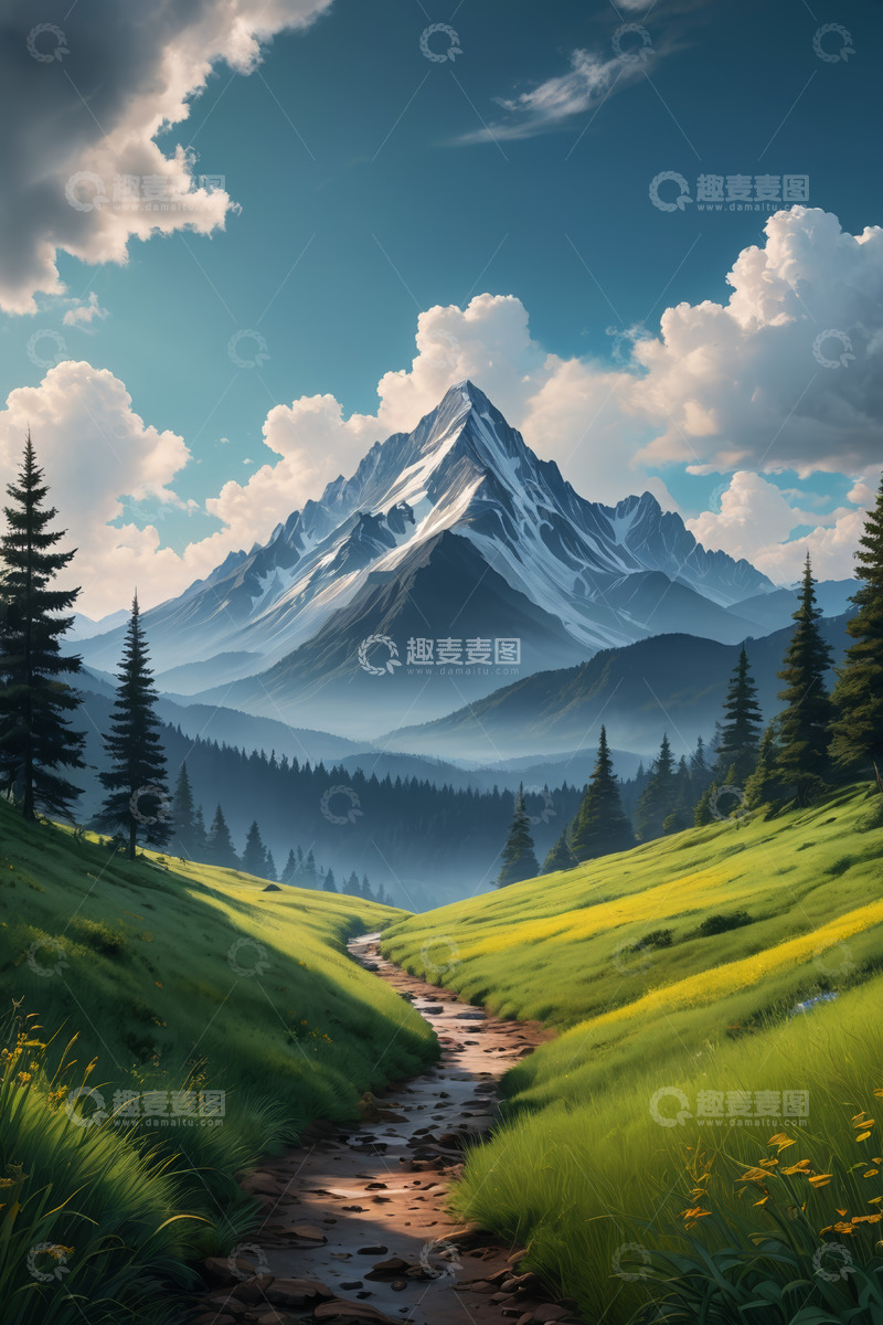 高清大图下载【趣麦麦图】山间草地与雪山风景