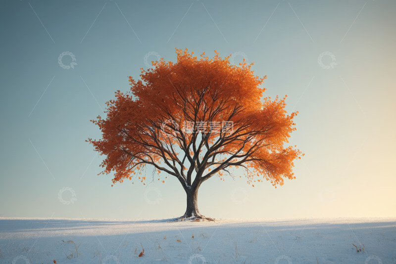 高清大图下载【趣麦麦图】雪地中独棵橙叶树