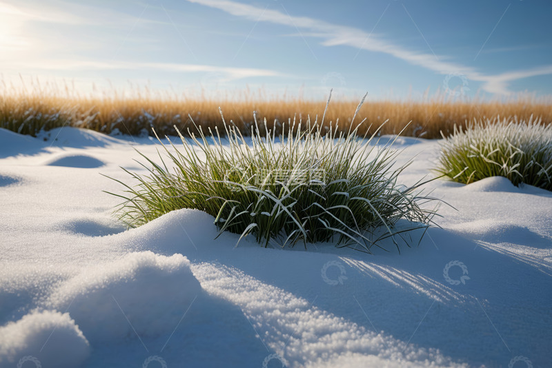 高清大图下载【趣麦麦图】雪地中的青草与蓝天景象