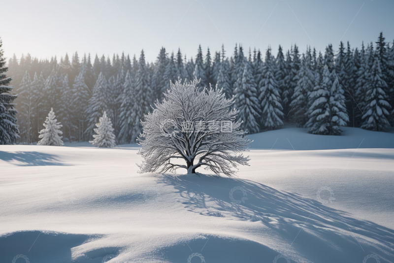 高清大图下载【趣麦麦图】雪地中孤立树木与雪松林景观