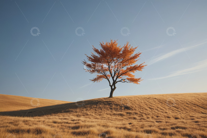 高清大图下载【趣麦麦图】原野上的单棵红叶树