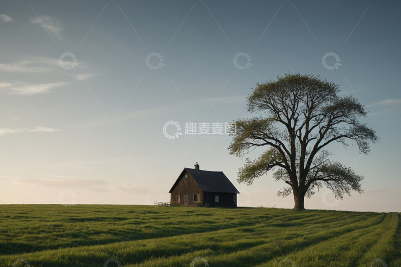 高清大图下载【趣麦麦图】草原上的木屋与大树景观