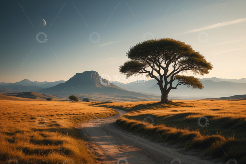 高清大图下载【趣麦麦图】旷野孤树与远山风景