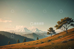山间草地与远处雪山风景