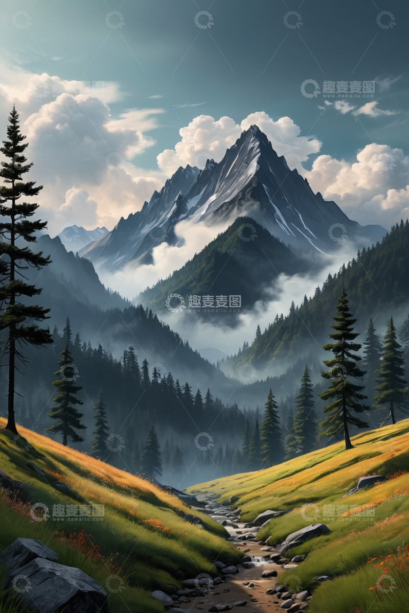 高清大图下载【趣麦麦图】山间森林与溪流自然风光