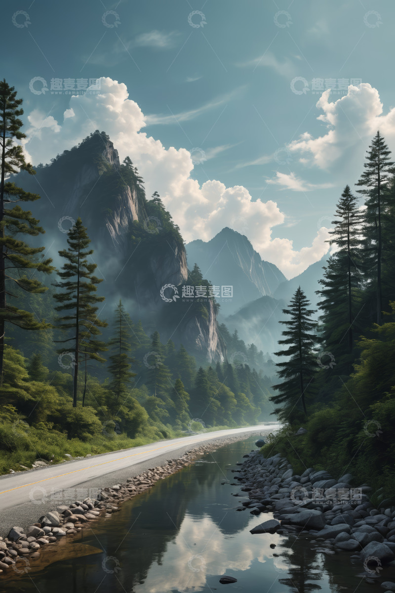 高清大图下载【趣麦麦图】山间公路旁的森林与河流景观