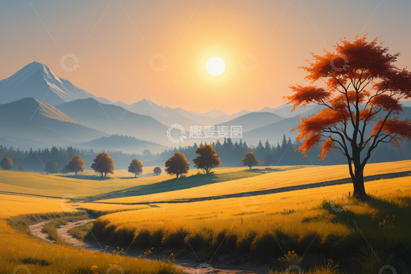 高清大图下载【趣麦麦图】日出时分山间田野风景