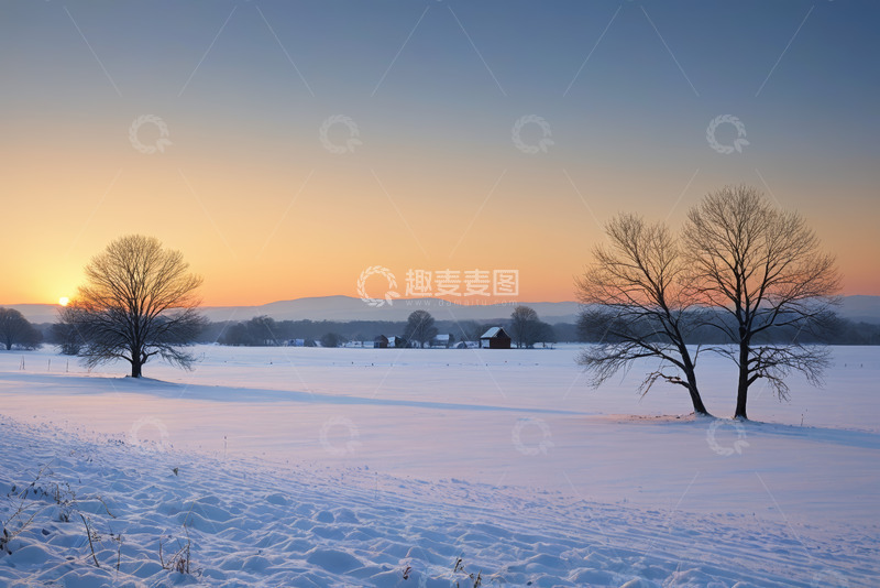 高清大图下载【趣麦麦图】冬日雪野日出景色