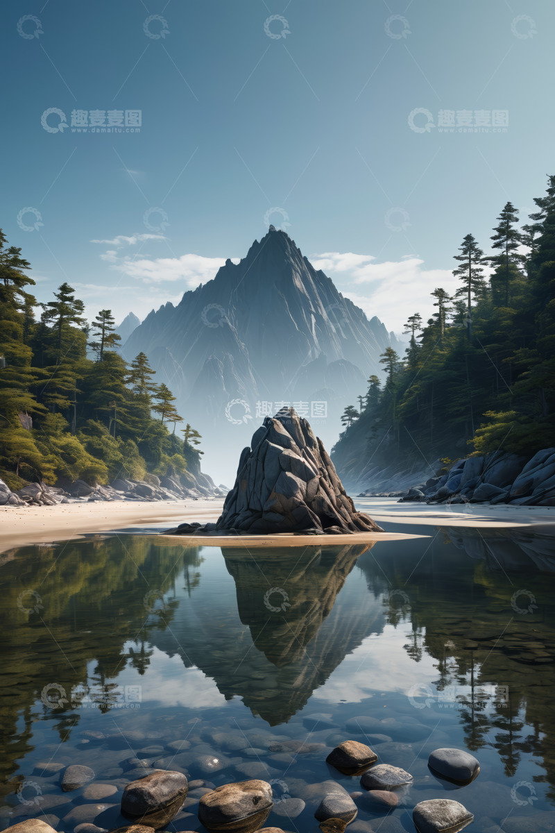 高清大图下载【趣麦麦图】山间水畔岩石与树林自然风光