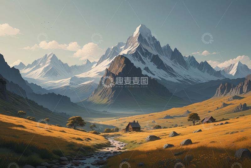 高清大图下载【趣麦麦图】山间草原与雪山风景