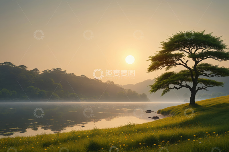 高清大图下载【趣麦麦图】湖畔日出单棵树木自然风光