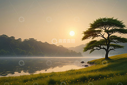 湖畔日出单棵树木自然风光