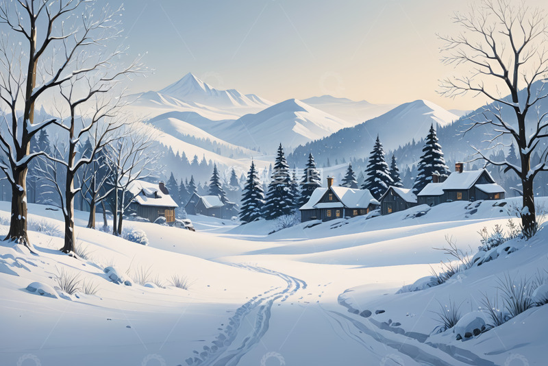 高清大图下载【趣麦麦图】冬日雪覆盖的山村风景