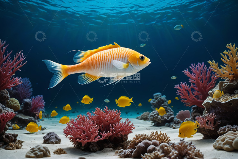 高清大图下载【趣麦麦图】海洋中珊瑚与游动的鱼类