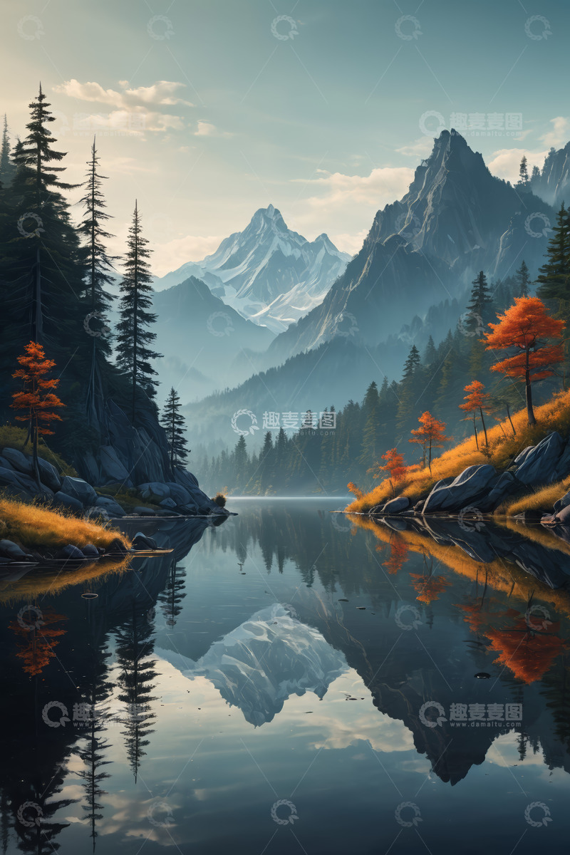 高清大图下载【趣麦麦图】山林湖泊自然风光全景