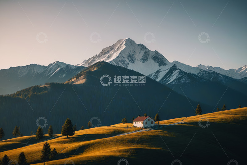 高清大图下载【趣麦麦图】山间草地小屋自然风光