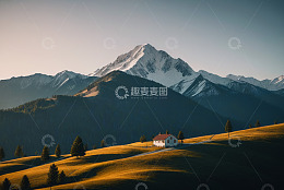 山间草地小屋自然风光