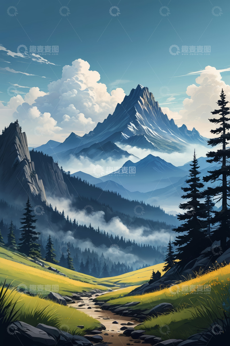 高清大图下载【趣麦麦图】山间草地与云雾环绕的山脉景观