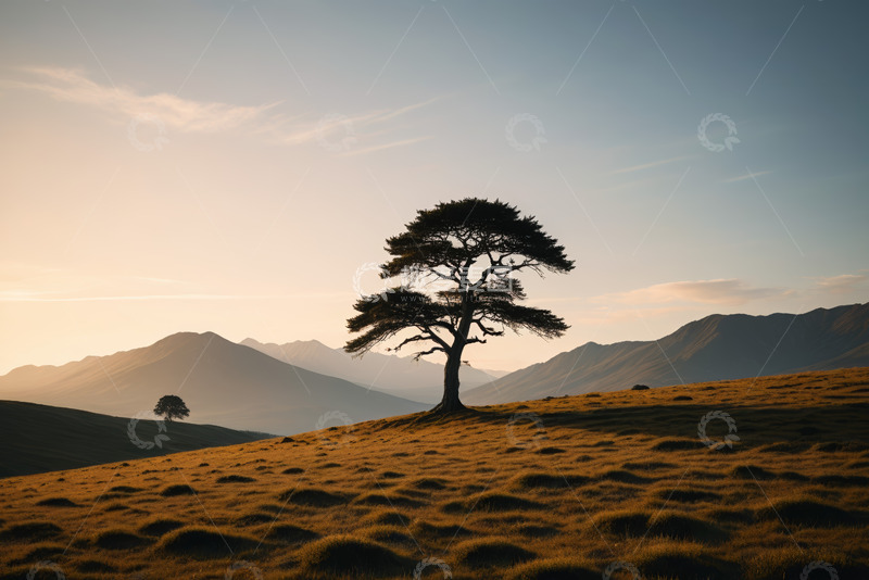 高清大图下载【趣麦麦图】山丘上的孤树与远山风景