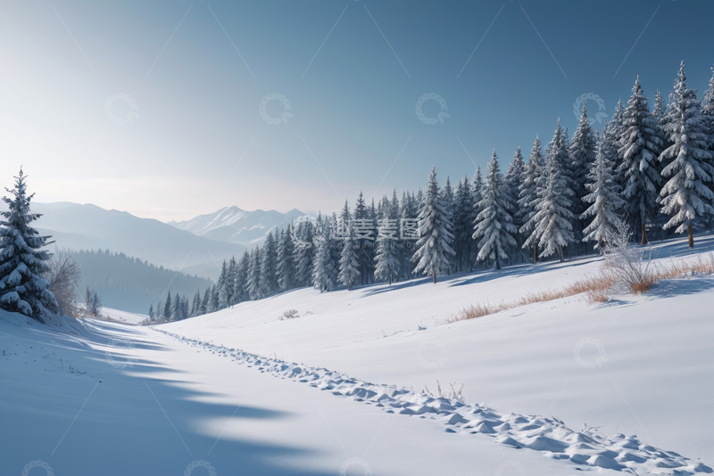 高清大图下载【趣麦麦图】冬日雪覆山林与远山景色