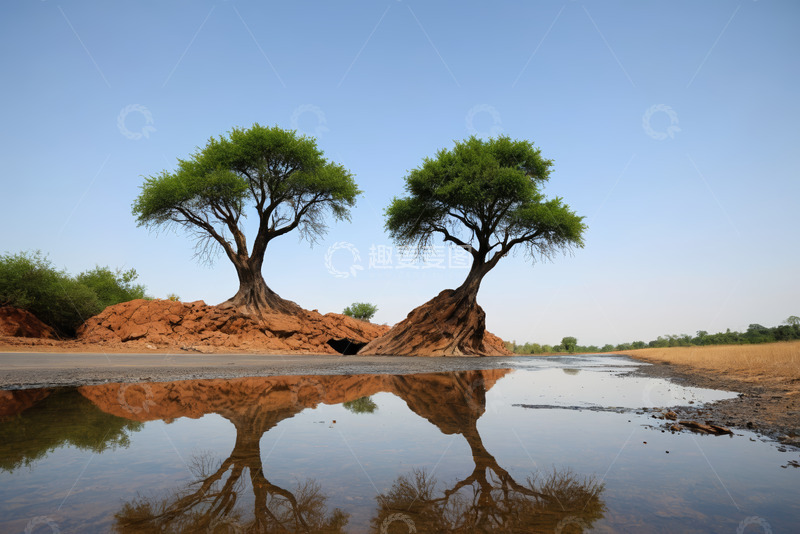 高清大图下载【趣麦麦图】户外双树倒影自然景观
