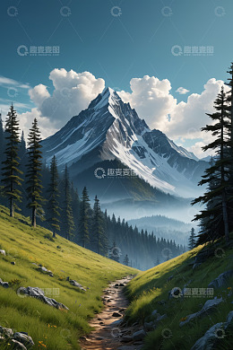 山间草地与云雾缭绕的山峰
