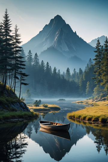 山林湖泊边的小船风景