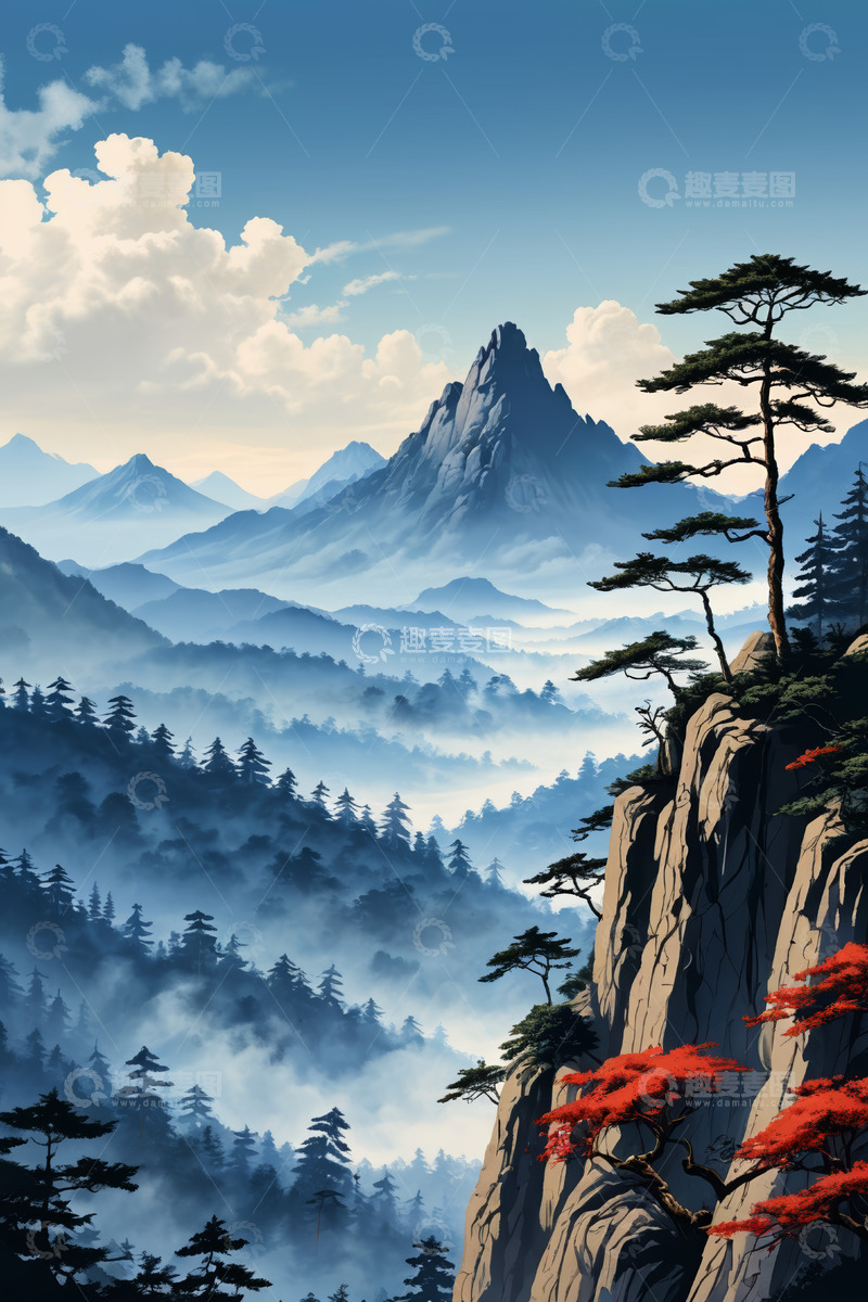 高清大图下载【趣麦麦图】山间云海与峭壁青松景观