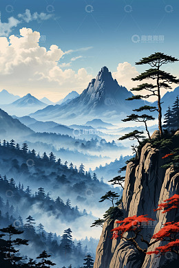 山间云海与峭壁青松景观