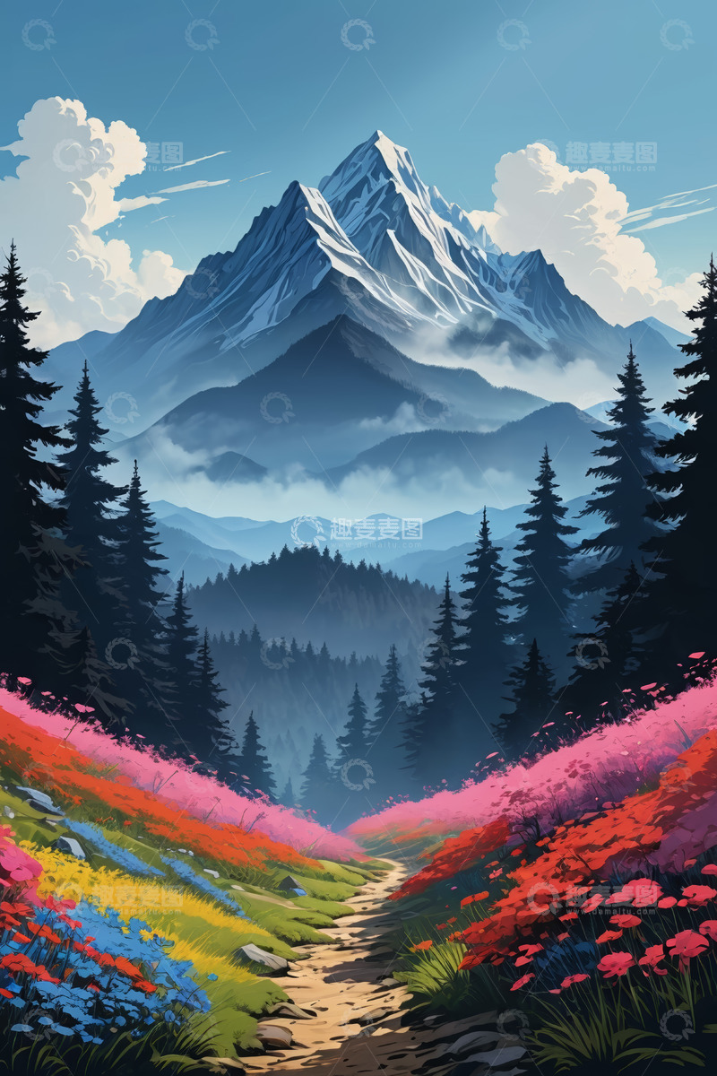 高清大图下载【趣麦麦图】山间花海与森林风景