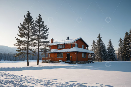 雪地中的橙色木屋与松林景观