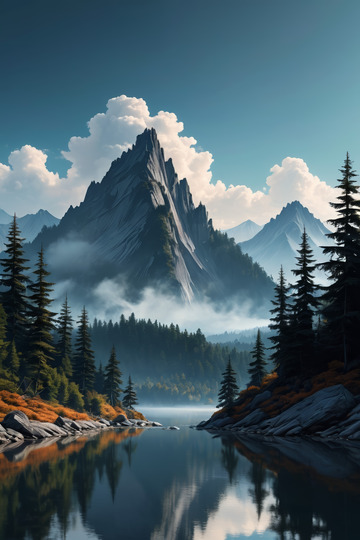 山林湖泊与云雾环绕的山峰