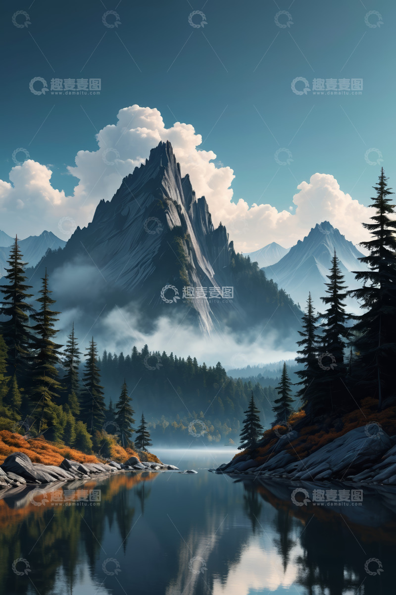 高清大图下载【趣麦麦图】山林湖泊与云雾环绕的山峰