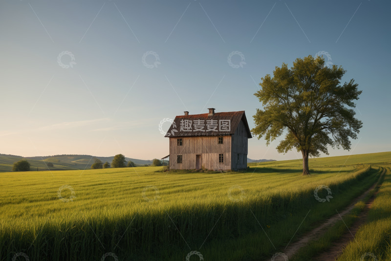 高清大图下载【趣麦麦图】田野中的木屋与绿树风景