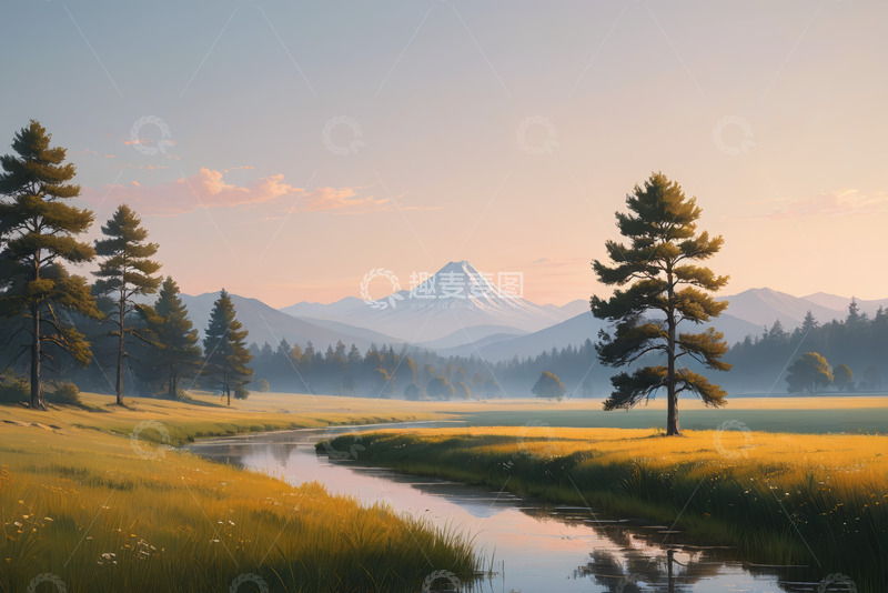 高清大图下载【趣麦麦图】山林间河流与远处雪山风景