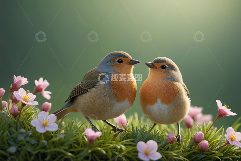 高清大图下载【趣麦麦图】两只小鸟立于花丛中