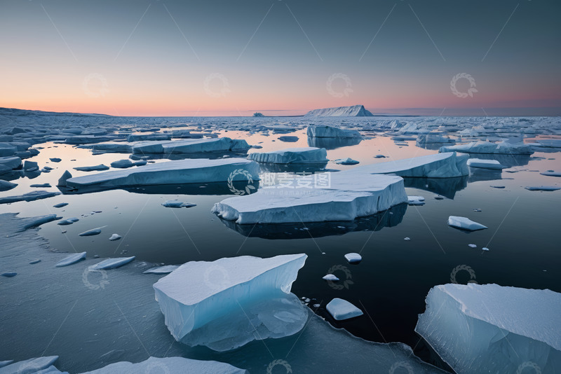 高清大图下载【趣麦麦图】海洋上漂浮的冰块与远处冰山