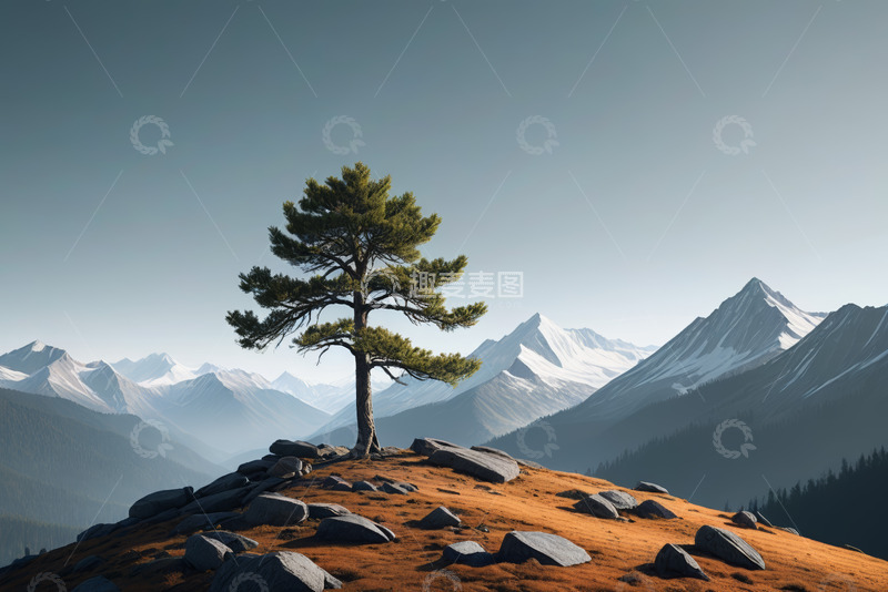 高清大图下载【趣麦麦图】山顶孤树与远处雪山景观