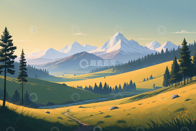 高清大图下载【趣麦麦图】山间草原与远处雪山风景