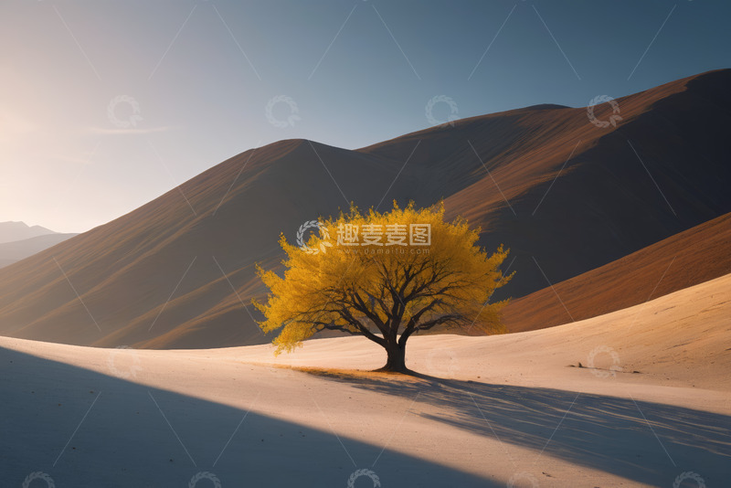 高清大图下载【趣麦麦图】沙漠中一棵金黄树木景观