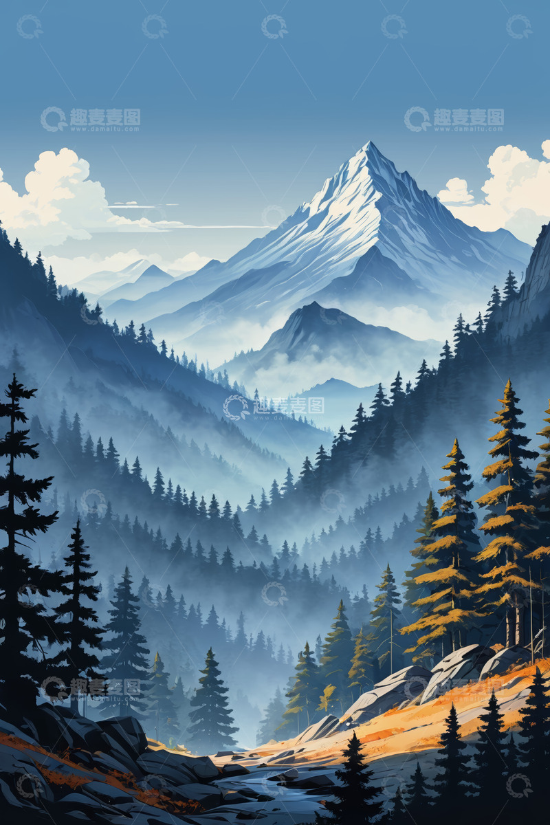 高清大图下载【趣麦麦图】山林间巍峨雪山与茂密森林景观