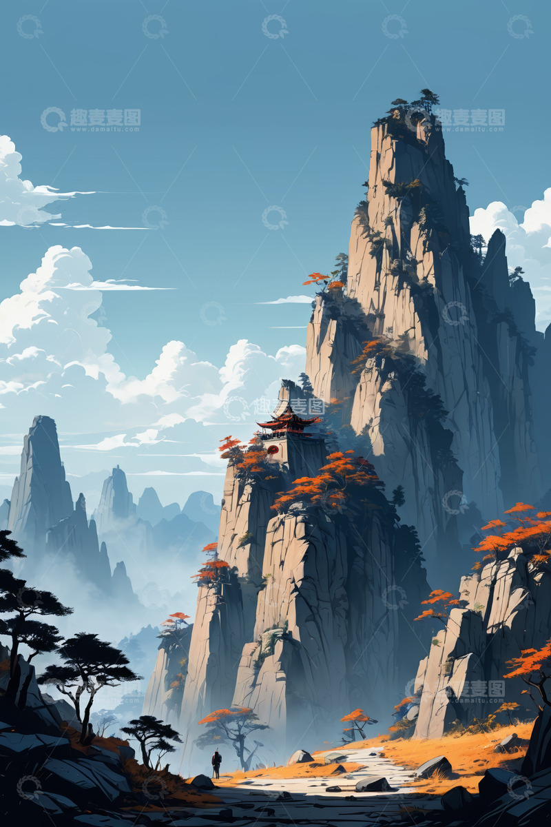 高清大图下载【趣麦麦图】古风山水间的孤亭与远行者