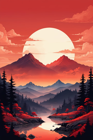 夕阳下的山林与湖泊风光