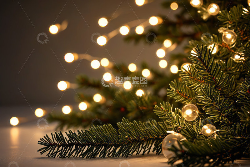 高清大图下载【趣麦麦图】装饰着彩灯的圣诞树局部