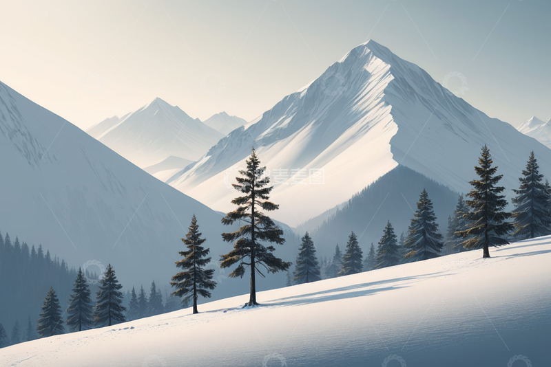 高清大图下载【趣麦麦图】雪山松林雪景自然风光