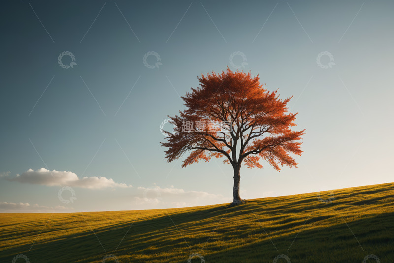 高清大图下载【趣麦麦图】草原上的单棵红叶树