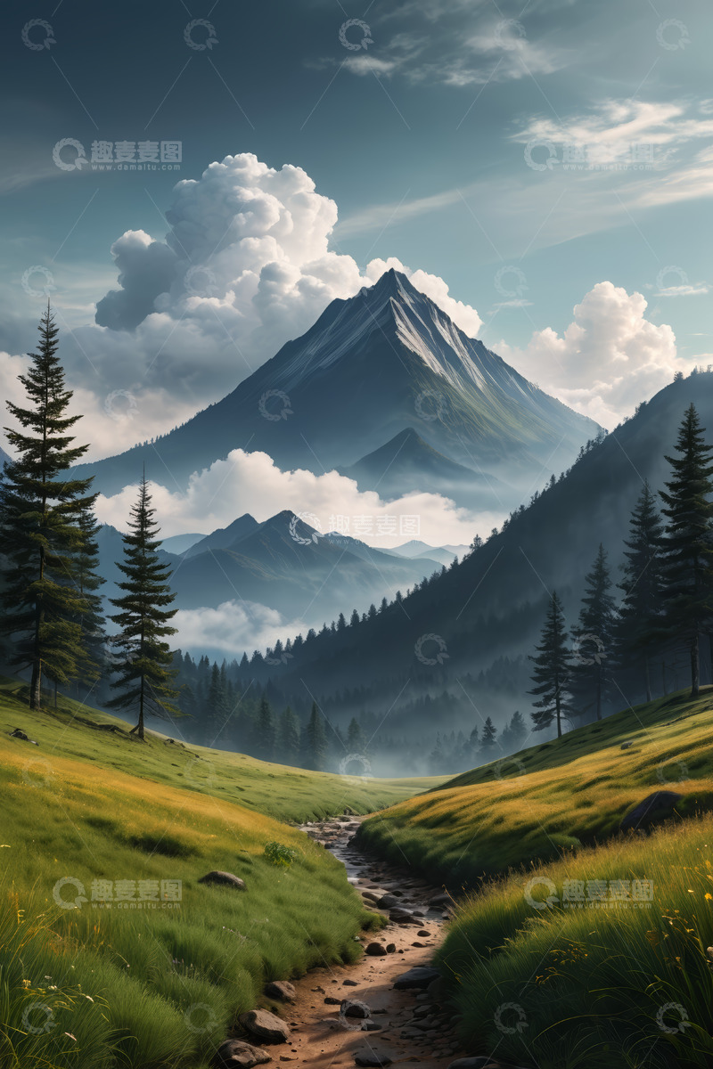 高清大图下载【趣麦麦图】山间草地与云雾缭绕的远山