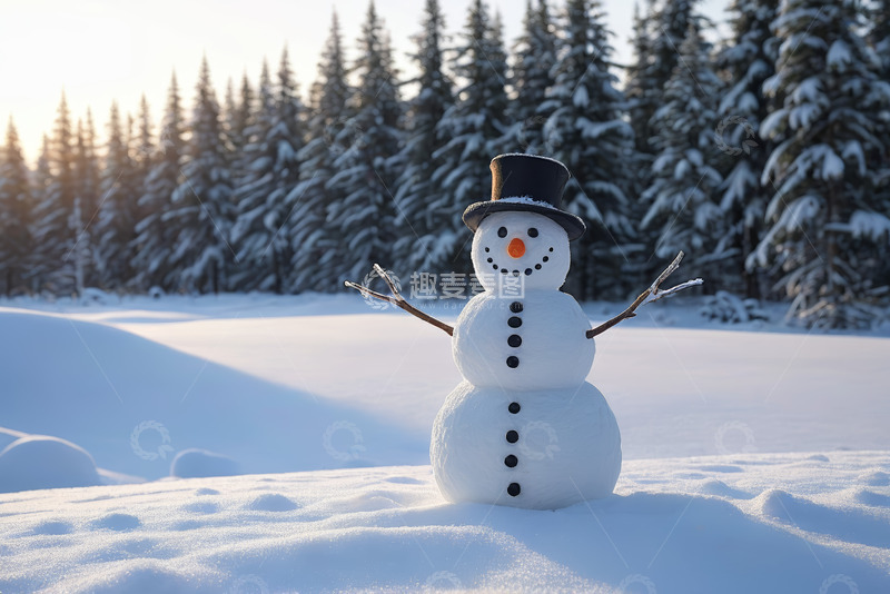 高清大图下载【趣麦麦图】雪地里戴帽雪人和松林景观